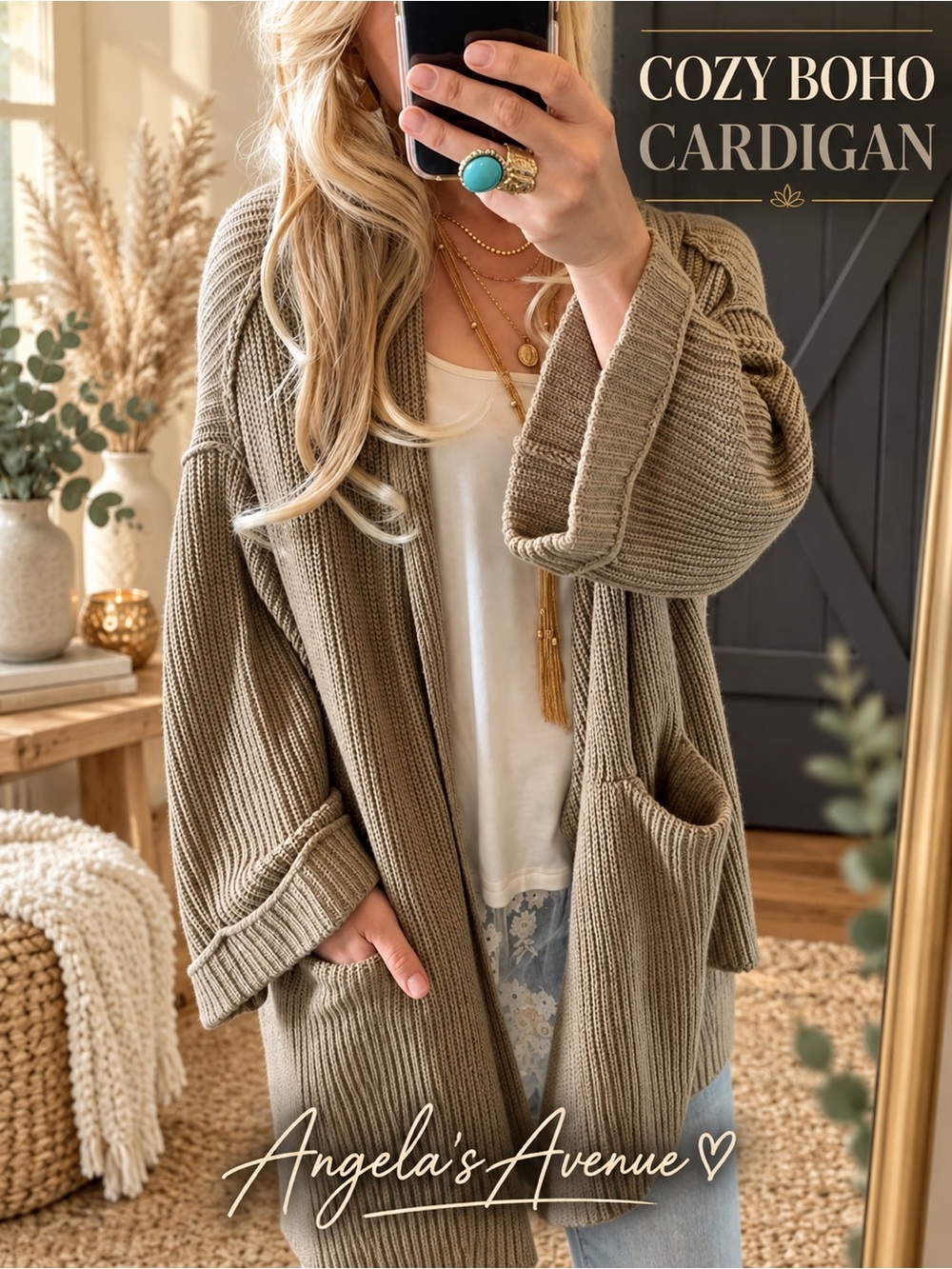 Boho Cardigan Sweater Taupe NEW